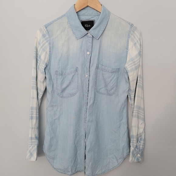 Rails Blue Vintage Wash Plaid Sleeve Chambray Button Down Top - Picture 2 of 12